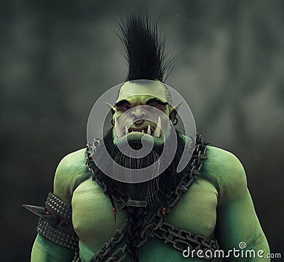 3D Render of Mean Green Orc Warrior on a coloured background Stock Photo