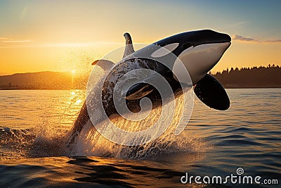 An orca jumping out of the water in mid-air. Stock Photo