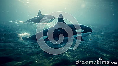 Orcas underwater in the Sea Stock Photo