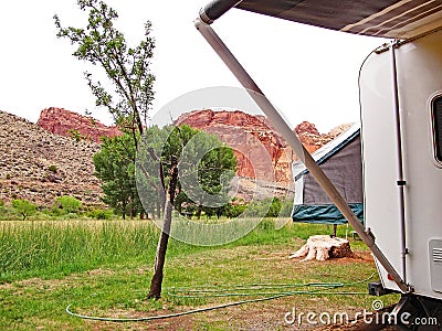 Orchard Camping In Red Terrain Stock Photo
