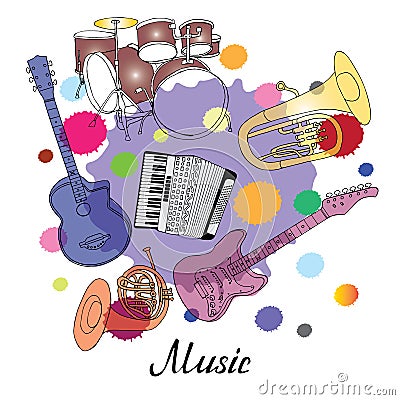 Orchestra horn, tuba, guitar, drums, tuba, accordion on colored spots Vector Illustration