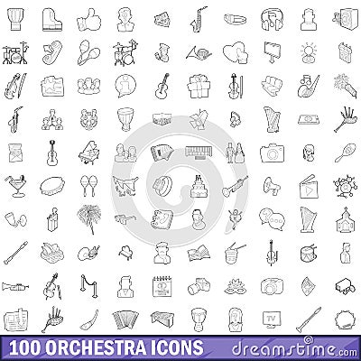 100 orchestra icons set, outline style Vector Illustration