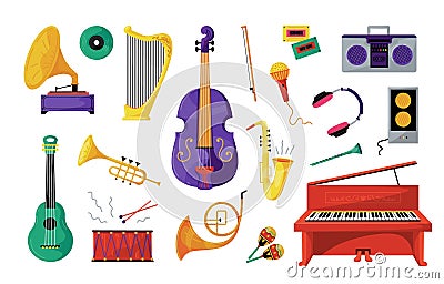 Orchestra. Music instruments piano, guitar strings for children education or hobby, trumpet rock entertainment Vector Illustration