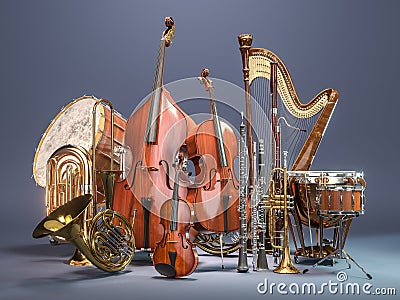 Orchestra musical instruments on grey background. 3D rendering Stock Photo