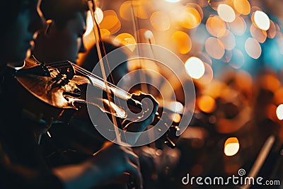 An orchestral musician plays the violin in a symphony orchestra at a concert. Close-up Stock Photo