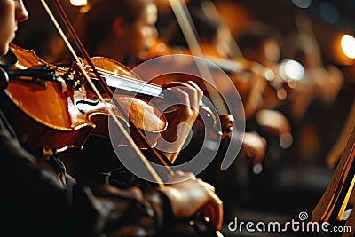 An orchestral musician plays the violin in a symphony orchestra at a concert. Close-up Stock Photo