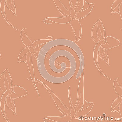 Orchid flowers on beige backgrond decoration. Pastel foliage rose gold blush background. Chic trendy print with botanical motifs Vector Illustration