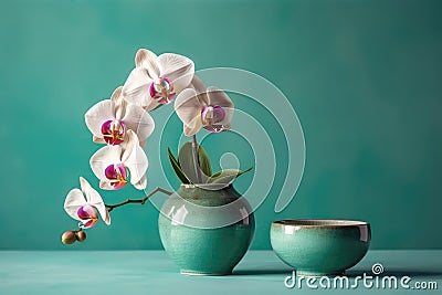 Orchid Flowers In Vase On Soft Aqua Color Background With Copy Space. Generative AI Stock Photo