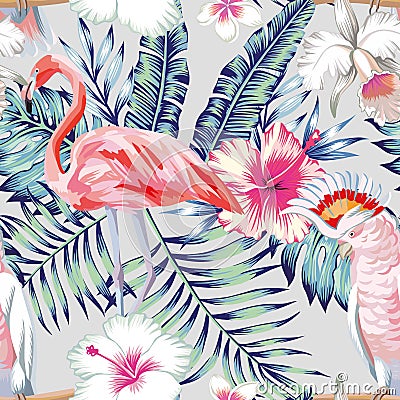 Orchid hibiscus flamingo parrot pattern light Vector Illustration