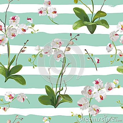 Orchid Tropical Leaves and Flowers Background. Seamless Pattern Vector Illustration