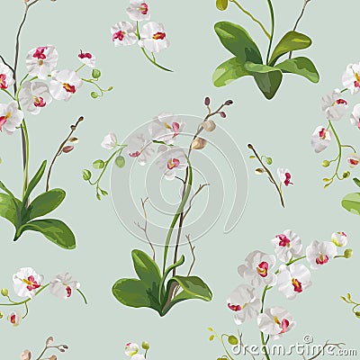 Orchid Tropical Leaves and Flowers Background. Seamless Pattern Vector Illustration