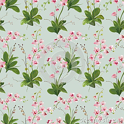 Orchid Tropical Leaves and Flowers Background. Seamless Pattern Vector Illustration