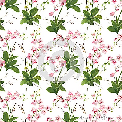 Orchid Tropical Leaves and Flowers Background. Seamless Pattern Vector Illustration