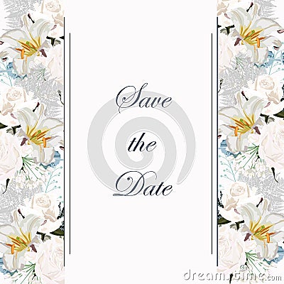 Botanical spring wedding invitation card template design, white roses and lilies, wild herbs composition. Stock Photo