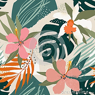 Orchids Tropical flowers and artistic palm leaves on background. Seamless. Vector pattern. Vector Illustration
