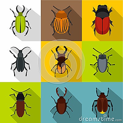 Order coleoptera icons set, flat style Vector Illustration