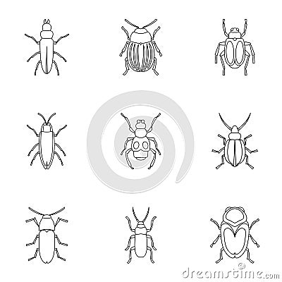 Order coleoptera icons set, outline style Vector Illustration