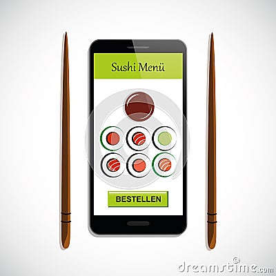 Order colorful sushi set with soy sauce via smartphone Vector Illustration