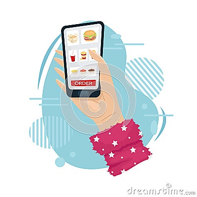 Order food home in the mobile app. Food delivery to your home Vector Illustration