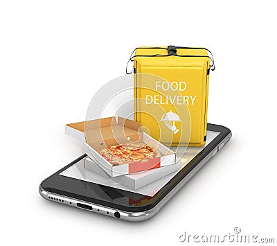 Order food online. Pizza courier delivery. Ecommerce concept. Cartoon Illustration