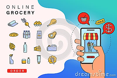 Order grocery online from app by smart phone. Fast delivery. Concept illustration with food and grocery icons, smart phone in hand Vector Illustration