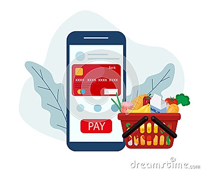 Order grocery online. Pay from your smartphone with a card. Plastic basket with groceries. flat vector illustration Vector Illustration