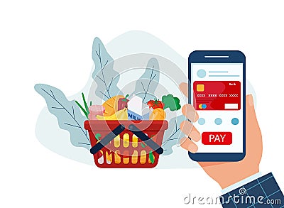 Order grocery online. Pay from your smartphone with a card. Plastic basket with groceries. flat vector illustration Vector Illustration