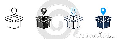 Order Location Line and Silhouette Icon Set. Pointer with Box, Shipping Sign. Pick Up Package Icon. Delivery Service Vector Illustration