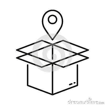 Order Location Outline Symbol. Pointer with Box, Shipping Sign. Pick Up Package Line Icon. Delivery Service Linear Vector Illustration
