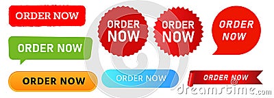 Order now transaction call to action button ribbon label sticker commerce design set collection Stock Photo