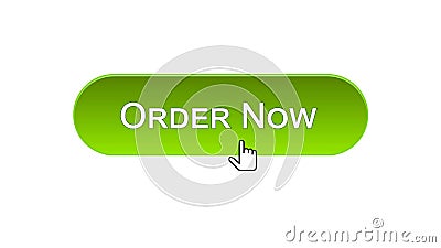 Order now web interface button clicked with mouse cursor, green color, online Stock Photo