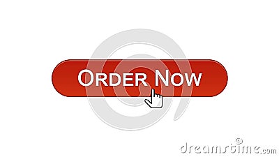 Order now web interface button clicked with mouse cursor, wine red color, online Stock Photo