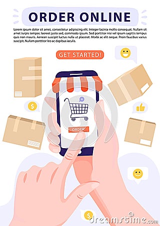 Order online concept. Hand holding smartphone with basket icon. Retail mobile App. Vector Illustration