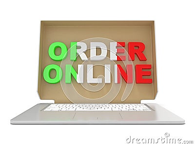 Order online - Italian food. Cardboard box cover on laptop. 3D render Cartoon Illustration