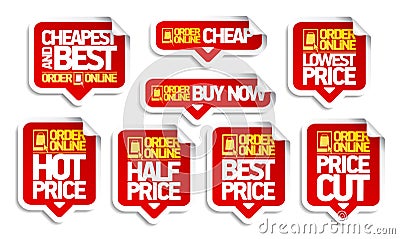 Order online price tags stickers set - cheapest and best, buy now, price cut and best price Vector Illustration