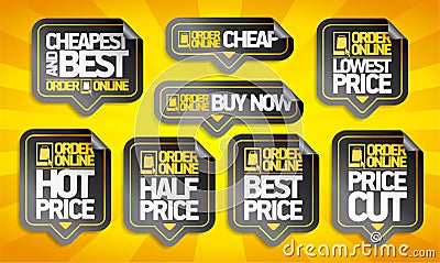 Order online price tags stickers set - cheapest and best, buy now, price cut and lowest price Vector Illustration