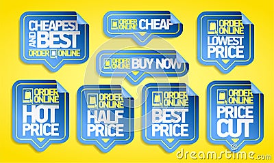 Order online stickers set - cheapest and best, buy now, etc Vector Illustration