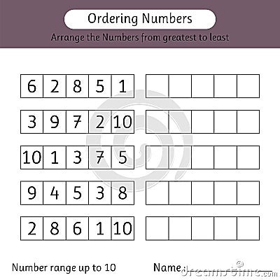 Ordering numbers worksheet. Arrange the numbers from greatest to least. Mathematics. Number range up to 10 Vector Illustration