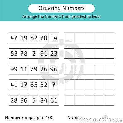 Ordering numbers worksheet. Arrange the numbers from greatest to least. Mathematics. Number range up to 100 Vector Illustration