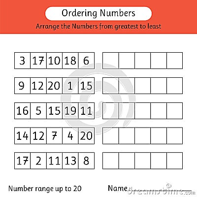 Ordering numbers worksheet. Arrange the numbers from greatest to least. Number range up to 20. Math Vector Illustration