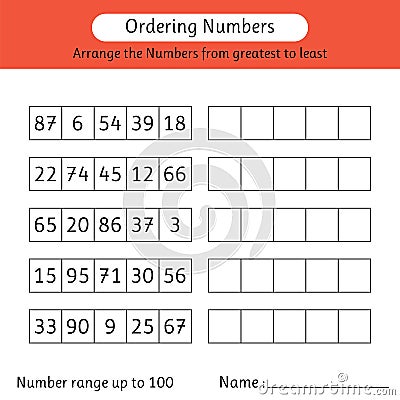 Ordering numbers worksheet. Arrange the numbers from greatest to least. Number range up to 100. Math Vector Illustration