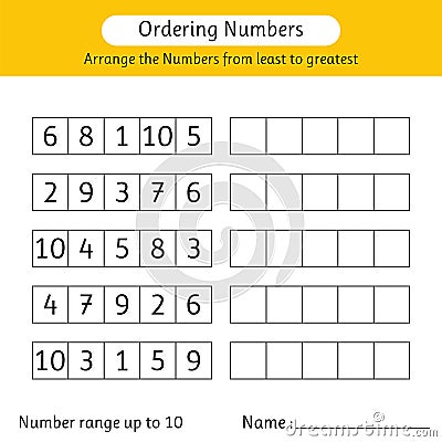 Ordering numbers worksheet. Arrange the numbers from least to greatest. Number range up to 10. Mathematics Vector Illustration