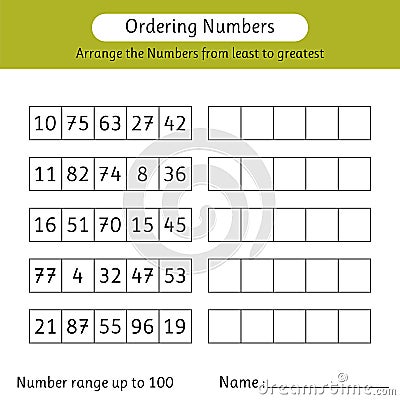Ordering numbers worksheet. Arrange the numbers from least to greatest. Number range up to 100. Mathematics Vector Illustration