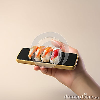 Ordering sushi from the phone. Concept of sushi take away. Created with generative AI Stock Photo