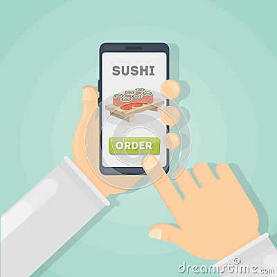 Ordering sushi through phone. Vector Illustration