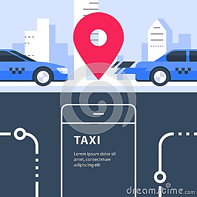 Ordering taxi, auto transport service, rental car, city transfer, map pointer and urban street Vector Illustration