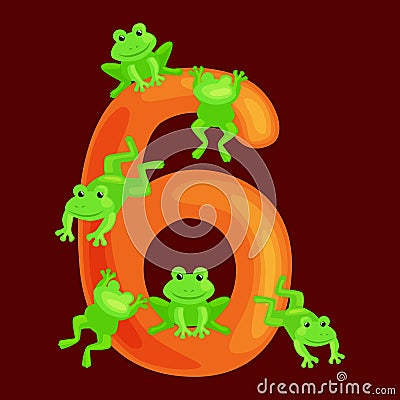 Ordinal numbers six for teaching children counting 6 frogs with the ability to calculate amount animals abc alphabet Vector Illustration