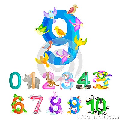 Ordinal numbers 9 for teaching children counting nine birdies with the ability to calculate amount animals abc alphabet Vector Illustration