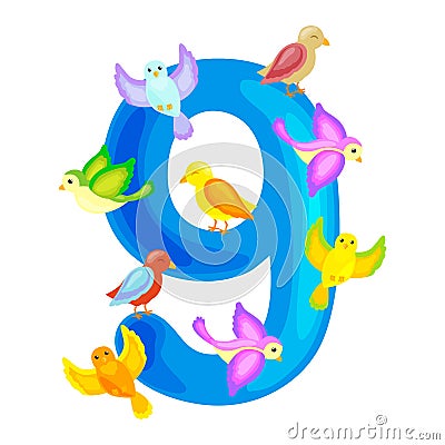 Ordinal numbers 9 for teaching children counting nine birdies with the ability to calculate amount animals abc alphabet Vector Illustration