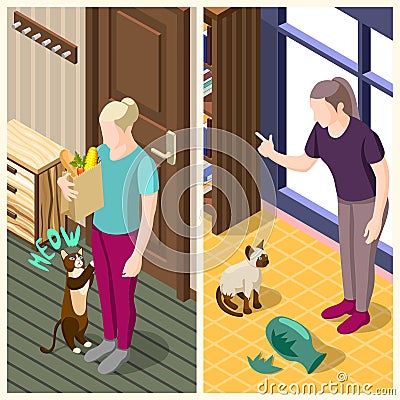 Cat Ordinary Life Isometric Banners Vector Illustration